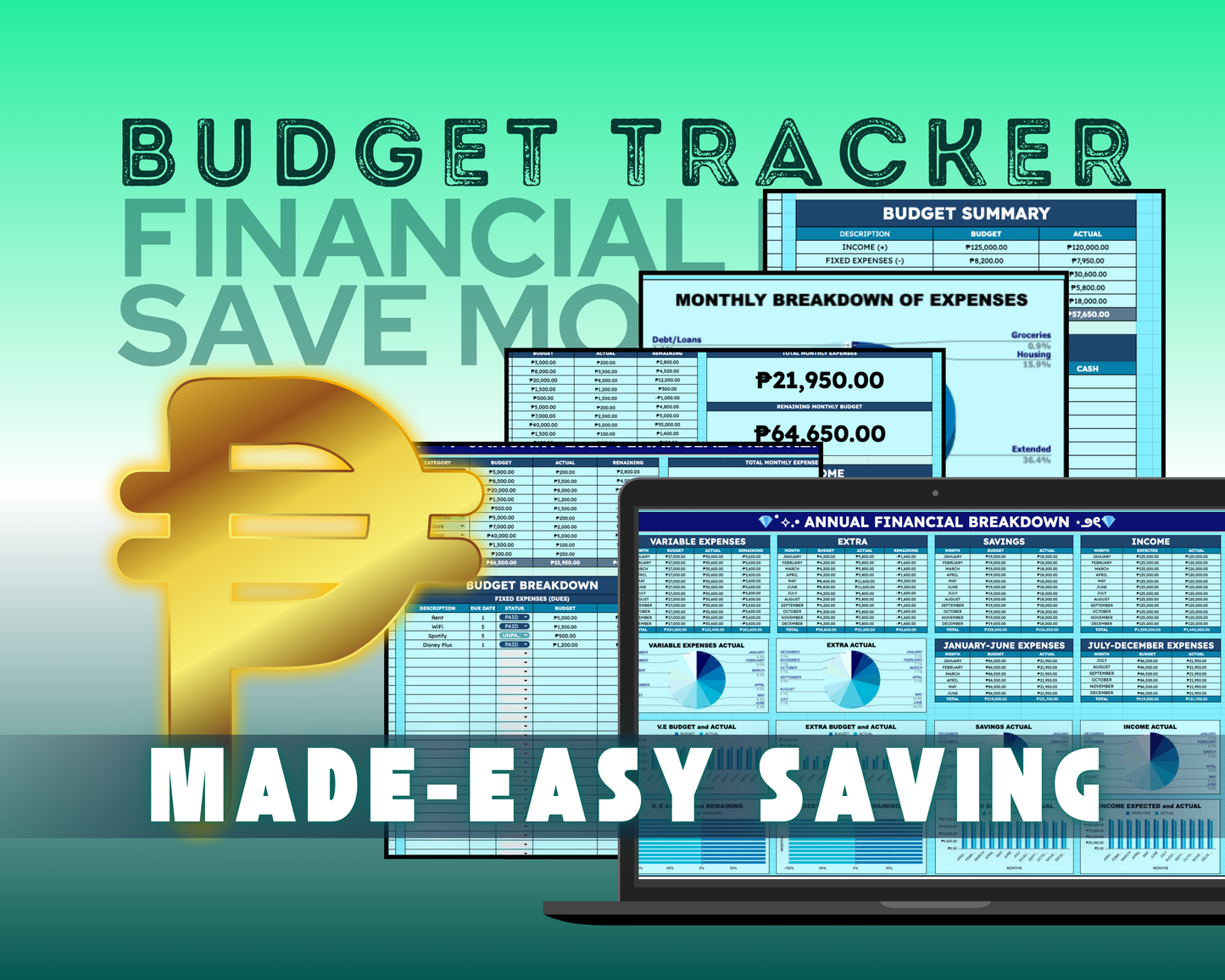 Easy Monthly Budget Tracker (Blue Theme) : List, Save, Repeat & Succeed