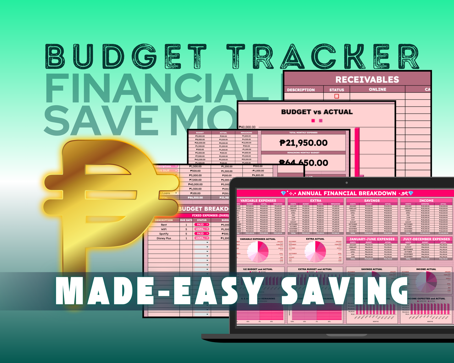 Easy Monthly Budget Tracker (Pink Theme) : List, Save, Repeat & Succeed